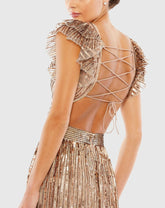 Beige Sequined Cut Out Ruffled Cap Sleeve Lace Up Gown